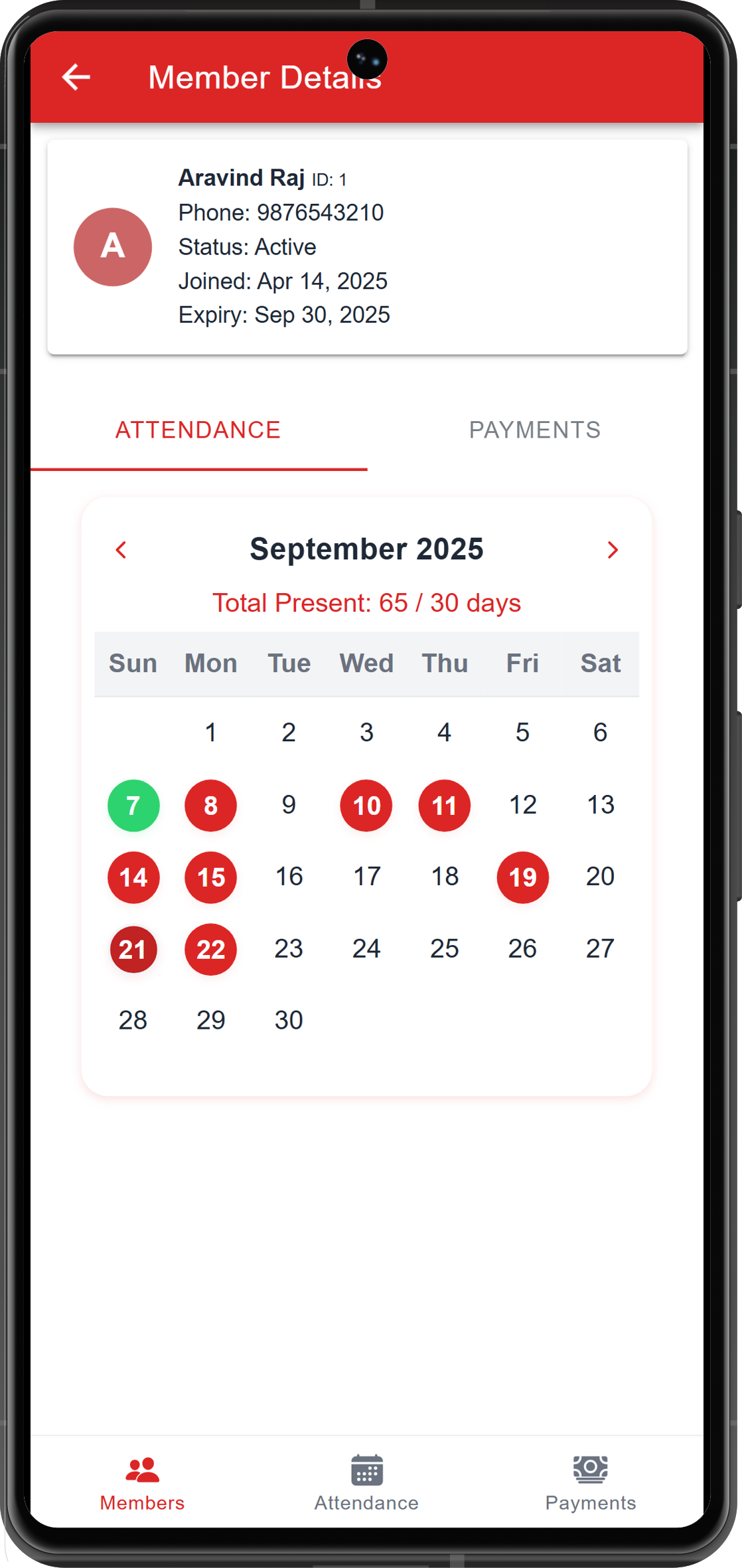 GymMate Member Detail Screen